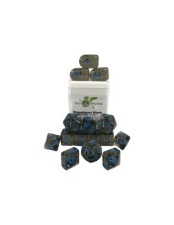 Polyhydral Diceset - 15 Dice: Translucent Black With Blue Numbers