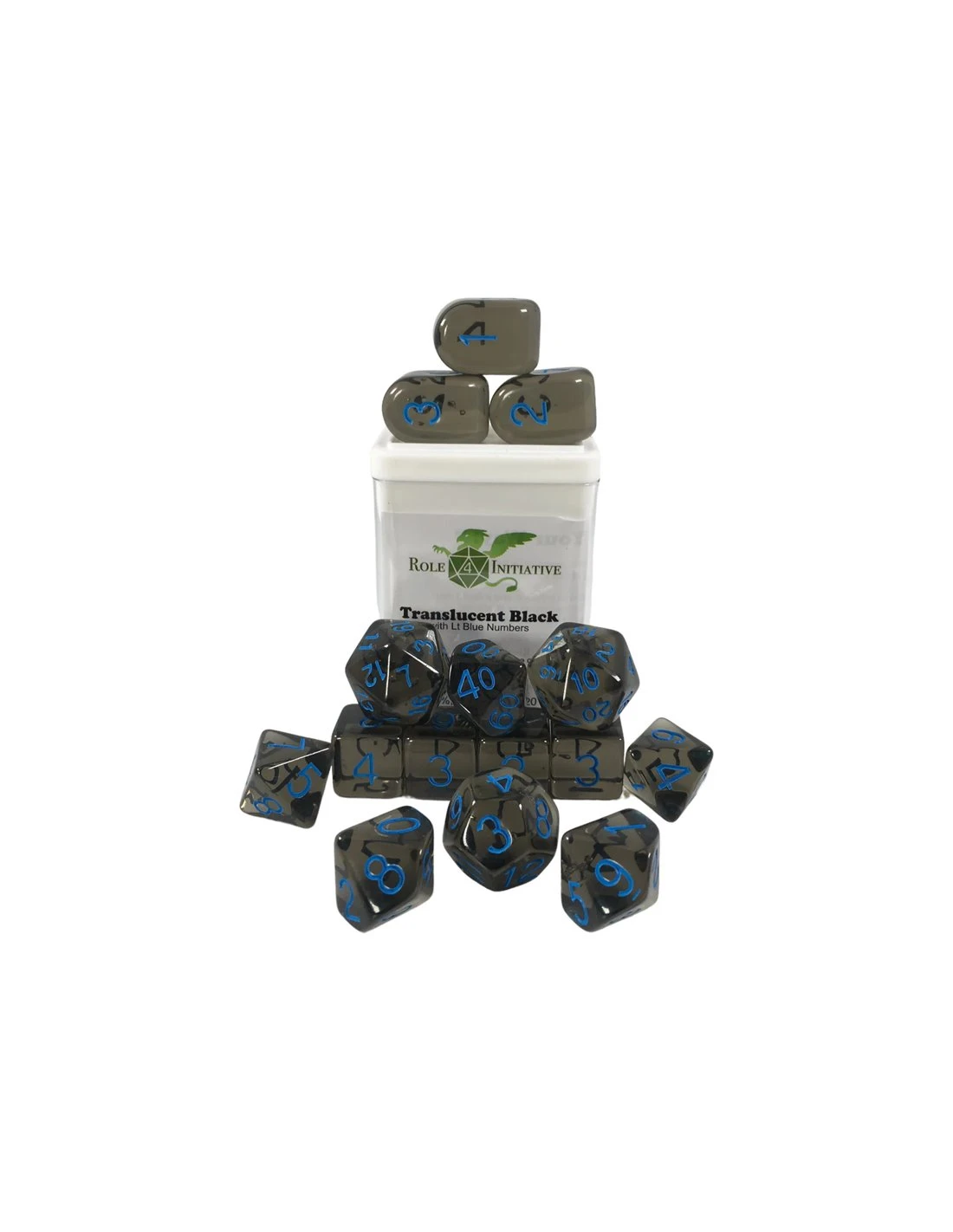 Polyhydral Diceset - 15 Dice: Translucent Black With Blue Numbers 3 Polyhydral Diceset - 15 Dice: Translucent Black With Blue Numbers