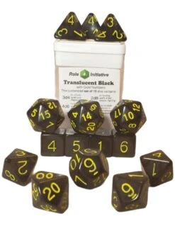 Polyhydral Diceset - 15 Dice: Translucent Black With Yellow Numbers