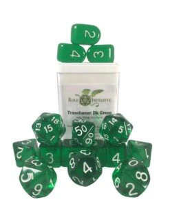 Polyhydral Diceset - 15 Dice: Translucent Dark Green With White Numbers