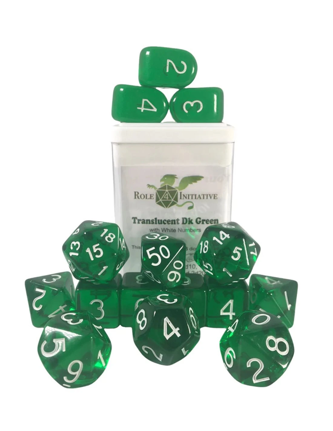 Polyhydral Diceset - 15 Dice: Translucent Dark Green With White Numbers 3 Polyhydral Diceset - 15 Dice: Translucent Dark Green With White Numbers