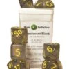 Polyhydral Diceset - 7 Dice: Translucent Black With Yellow Numbers -Spel Winkel polyhydral diceset 7 dice translucent black with yellow numbers