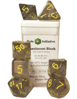 Polyhydral Diceset - 7 Dice: Translucent Black With Yellow Numbers