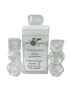 Polyhydral Diceset - 7 Dice: Translucent Clear With White Numbers