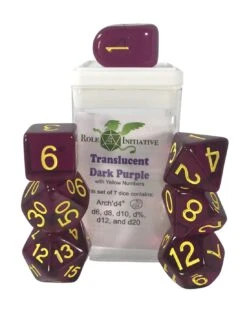 Polyhydral Diceset - 7 Dice: Translucent Dark Purple With Gold Numbers