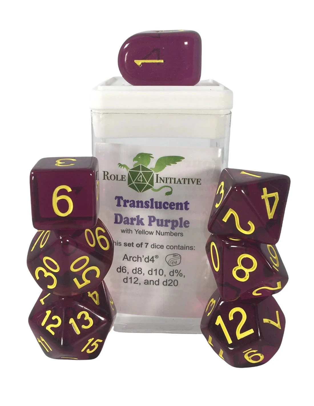 Polyhydral Diceset - 7 Dice: Translucent Dark Purple With Gold Numbers 3 Polyhydral Diceset - 7 Dice: Translucent Dark Purple With Gold Numbers